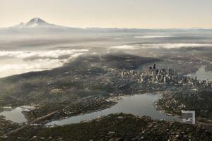 downtown seattle, lake union, mount rainier in the distance